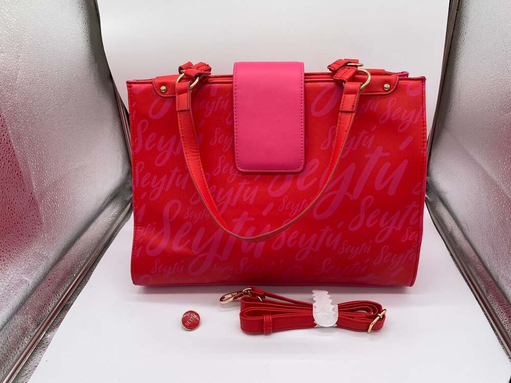 Seytú Red and Pink Logo Pattern Tote Bag with Detachable Crossbody Strap